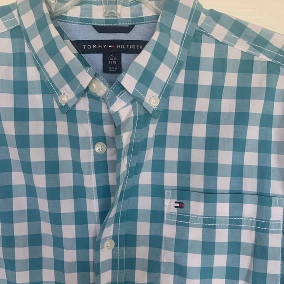 Boys Tommy Hilfiger size 20 teal blue and white check shirt perfect condition - Picture 4 of 4